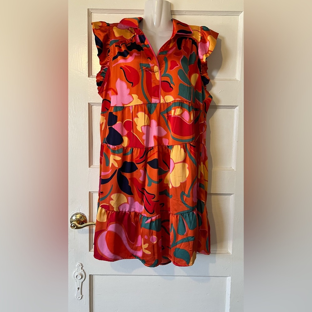 Umgee Orange Multicolor Floral Tiered Midi Dress